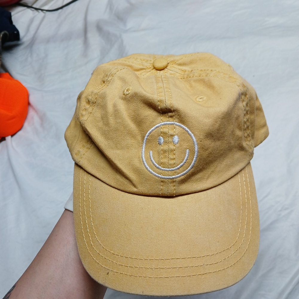 Sportsman 100% Cotton Yellow Baseball Cap White Embroidered Smile Face Emoji